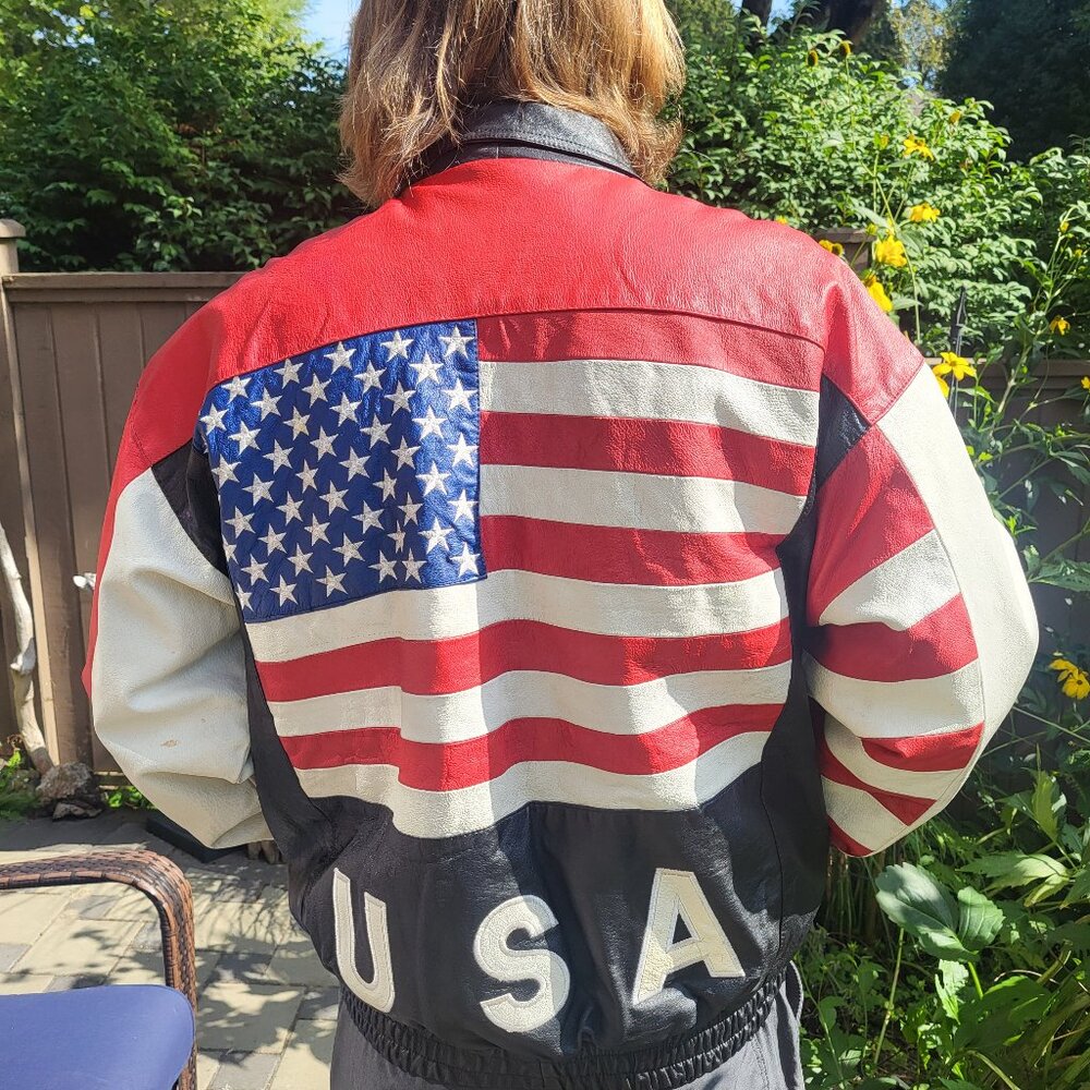 USA Flag Motorcycle Jacket Genuine Leather Vintage Size L Black Leather Bomber